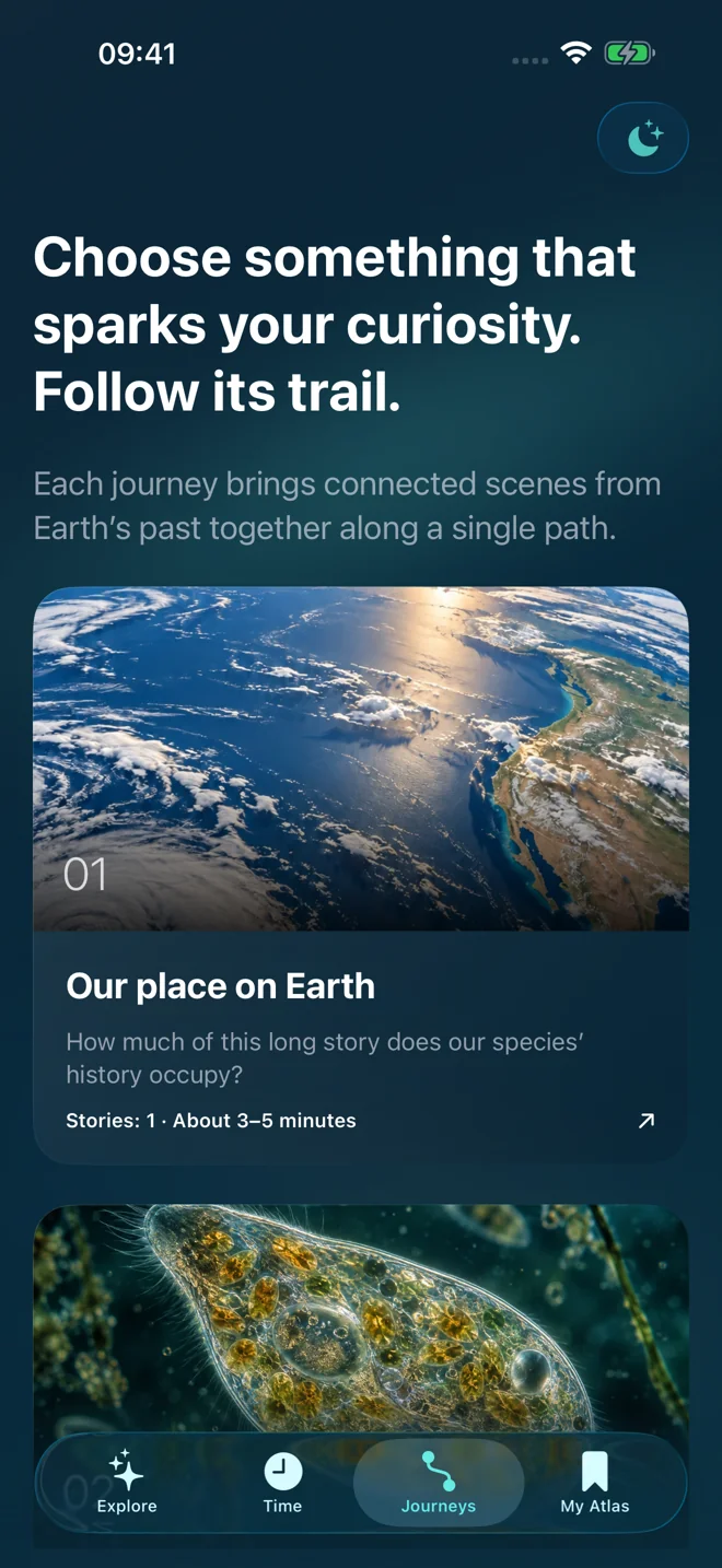 Earth Atlas: Choose a curiosity. Follow its trail. — App screen in English