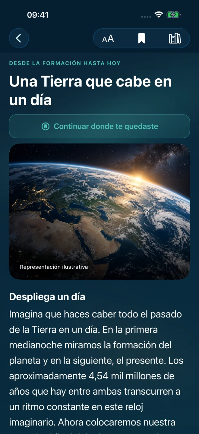 Atlas de la Tierra: La Tierra en un día — Pantalla de la app en español