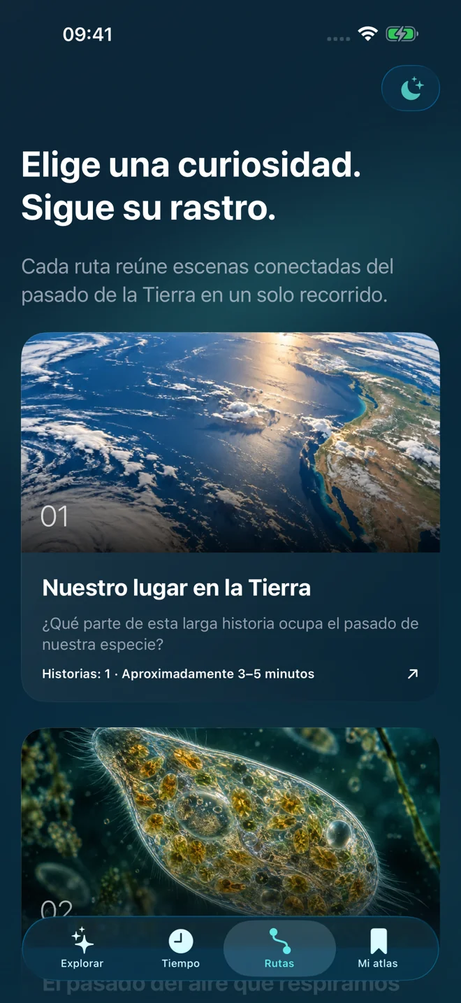 Atlas de la Tierra: Elige una curiosidad. Sigue su rastro. — Pantalla de la app en español