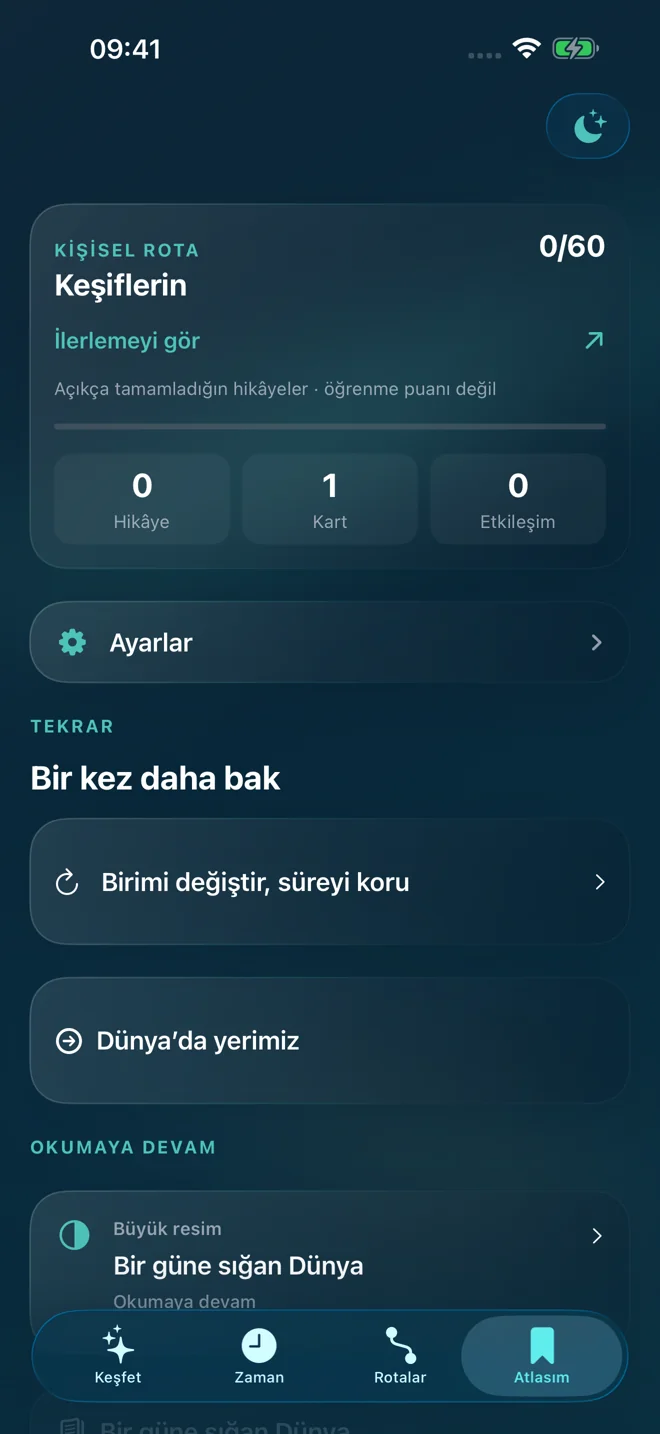 Dünya Atlası: Kendi atlasın — Türkçe uygulama ekranı