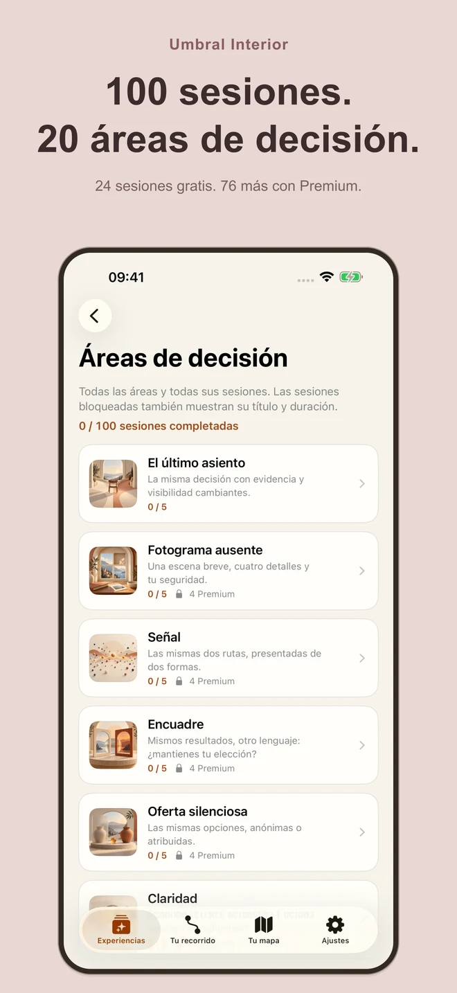 Umbral Interior: 100 sesiones. 20 áreas de decisión. 24 sesiones gratis. 76 más con Premium.