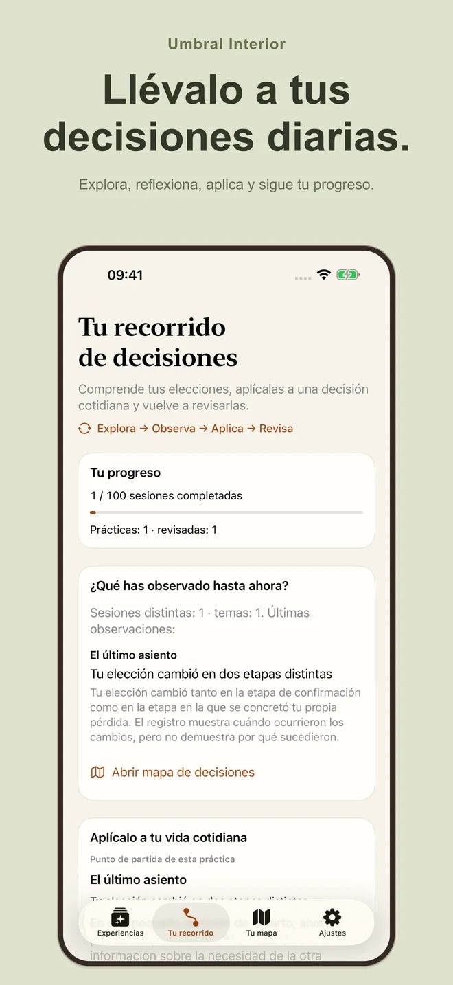 Umbral Interior: Llévalo a tus decisiones diarias. Explora, reflexiona, aplica y sigue tu progreso.