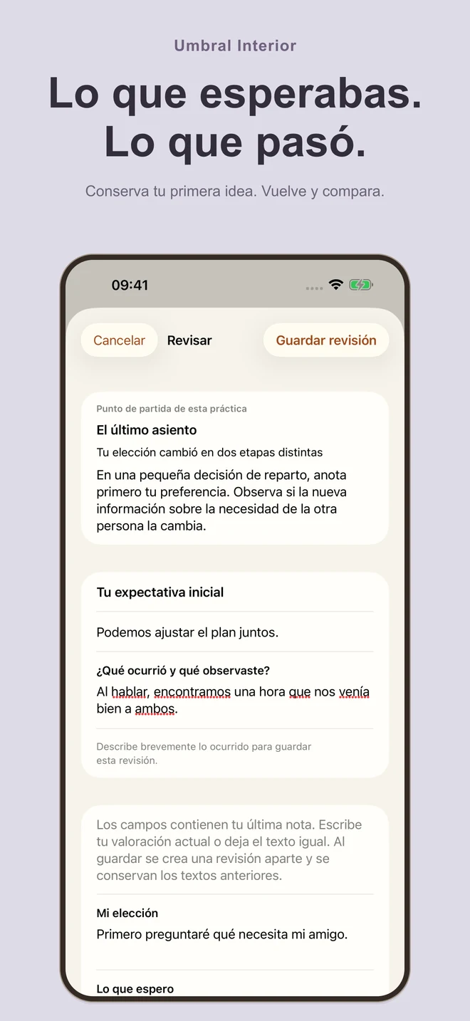 Umbral Interior: Lo que esperabas. Lo que pasó. Conserva tu primera idea. Vuelve y compara.