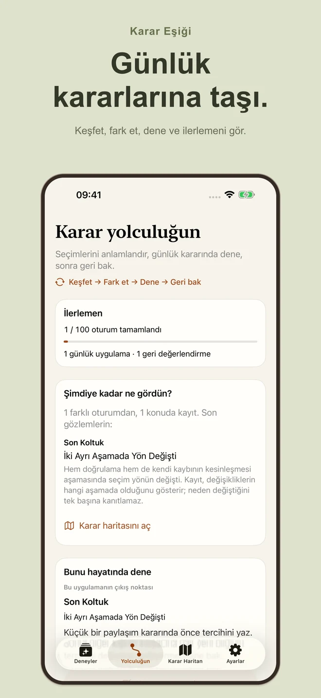 Karar Eşiği: Günlük kararlarına taşı. Keşfet, fark et, dene ve ilerlemeni gör.