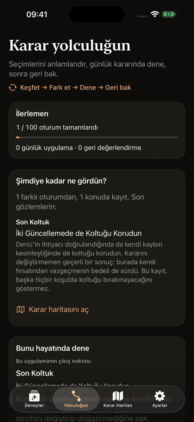 Your journey and next step — actual Turkish app screen in dark mode