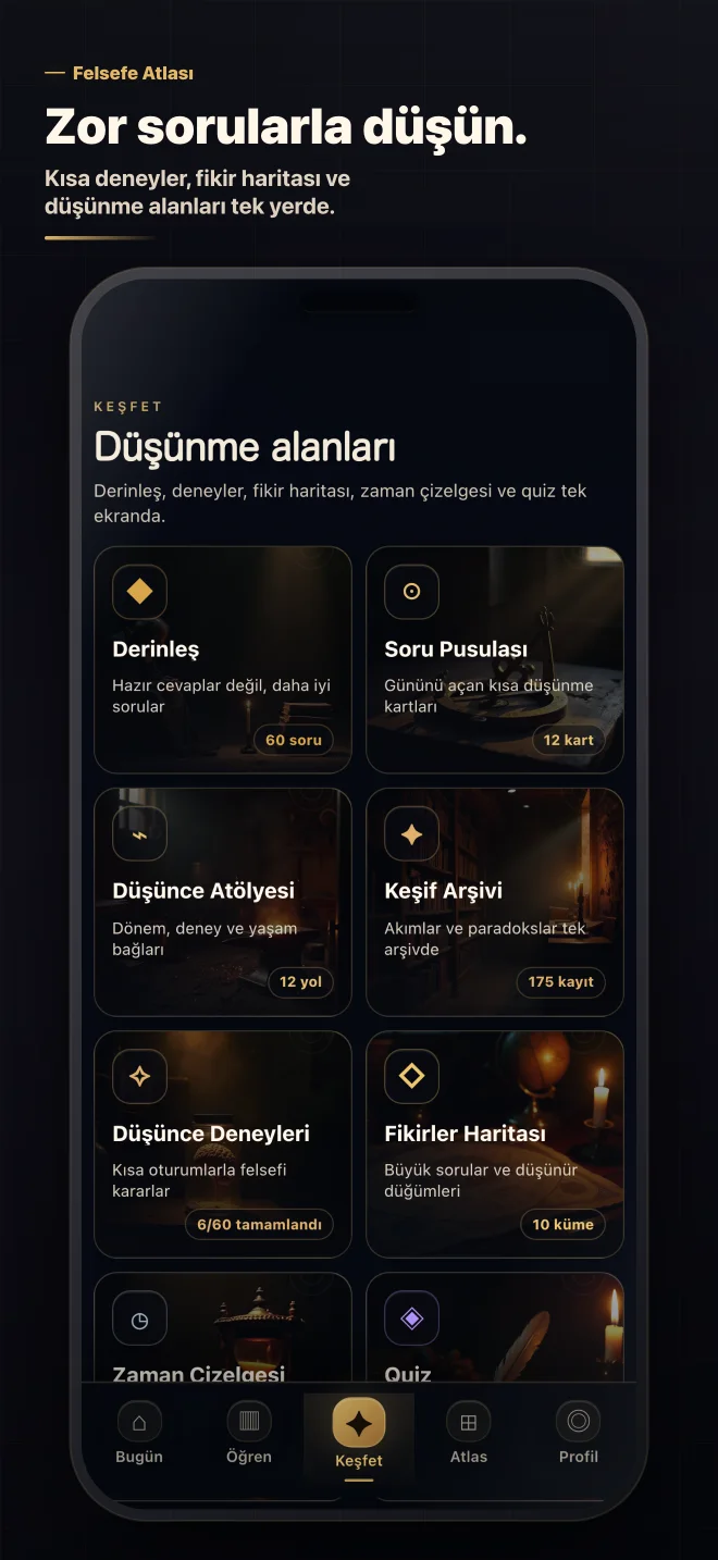 Felsefe Atlası keşfet ekranında düşünme alanları ve deneyler