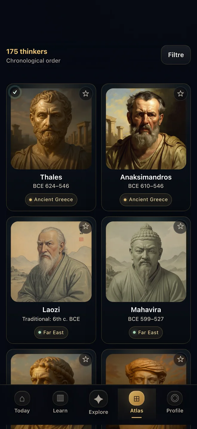 Felsefe Atlası chronological philosopher cards on the Atlas screen