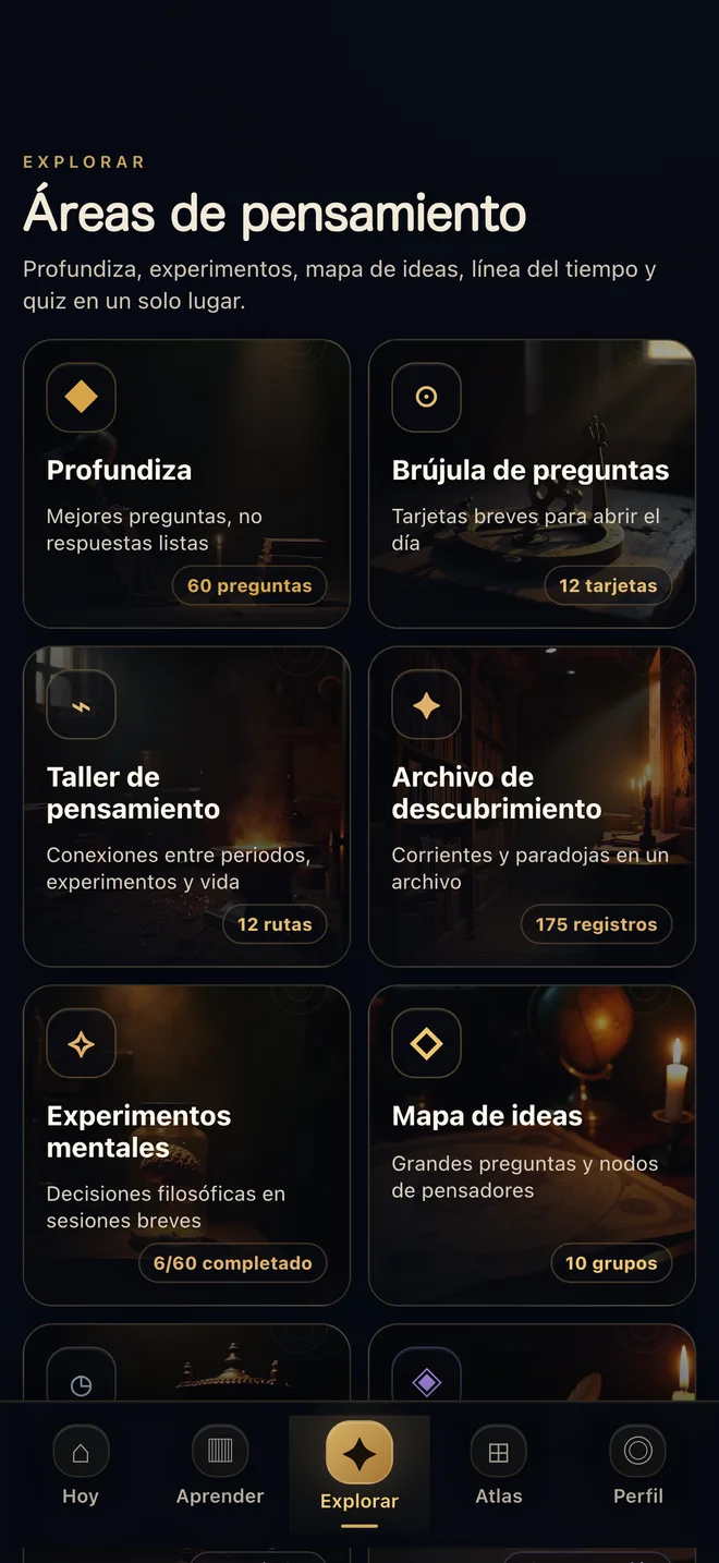 Pantalla Explorar de Felsefe Atlası con áreas de pensamiento y experimentos