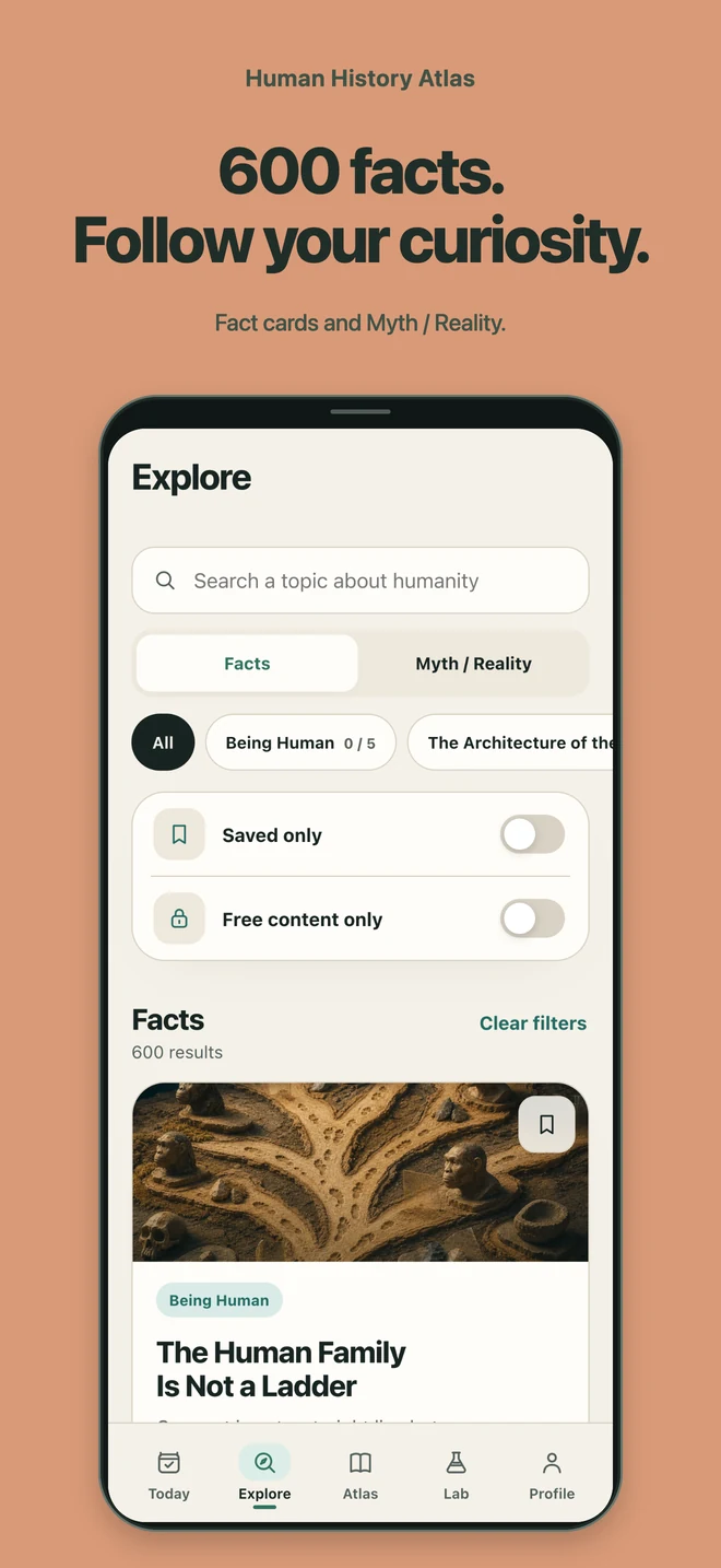 Human History Atlas: 600 facts. Follow your curiosity. Fact cards and Myth / Reality.