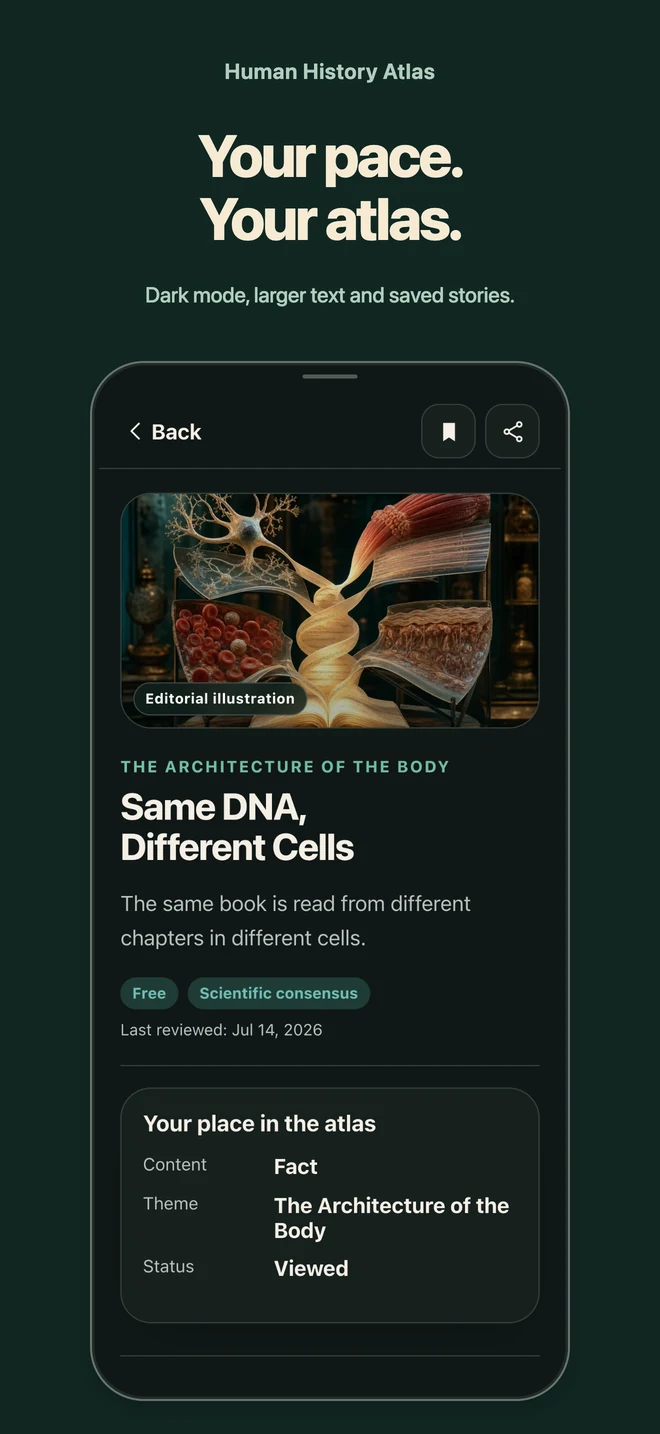 Human History Atlas: Your pace. Your atlas. Dark mode, larger text and saved stories.