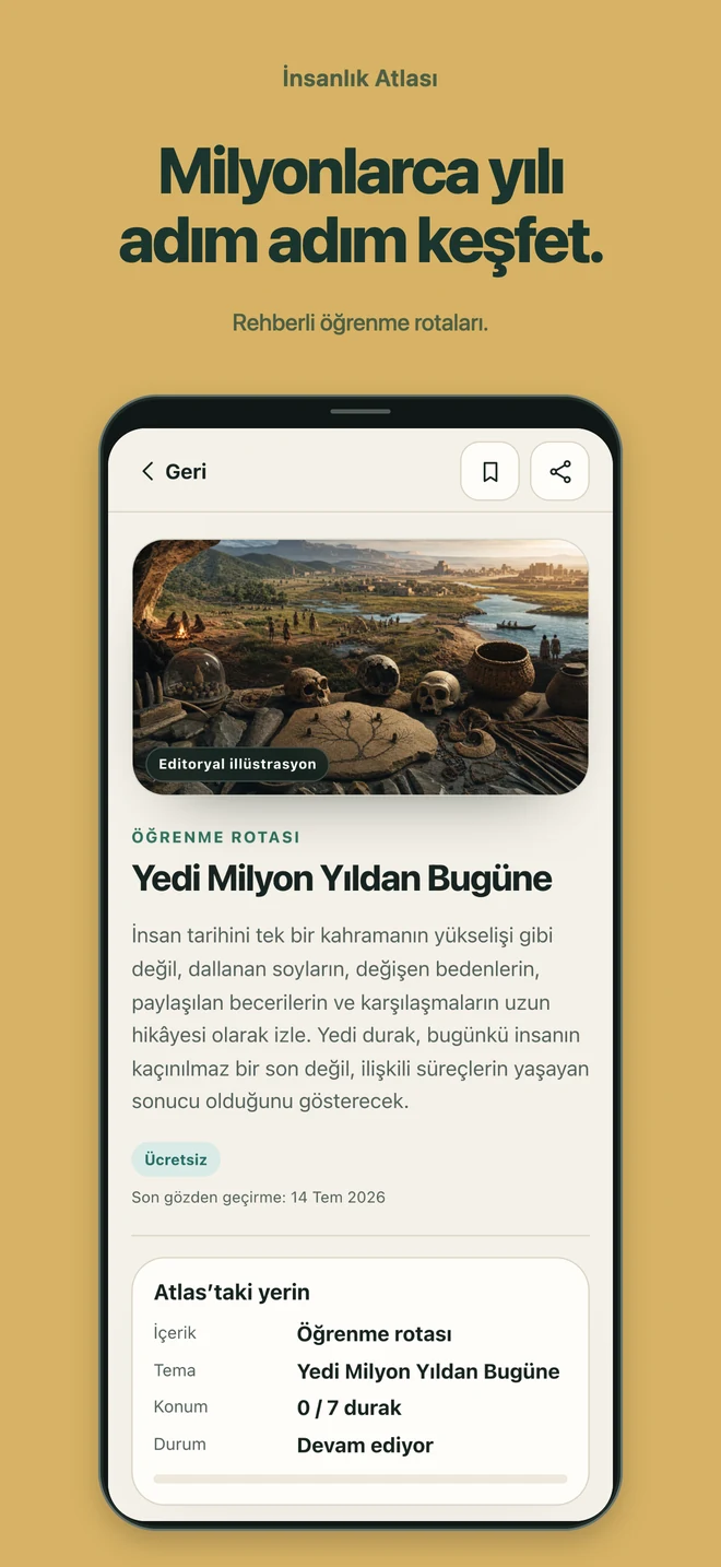 İnsanlık Atlası: Milyonlarca yılı adım adım keşfet. Rehberli öğrenme rotaları.