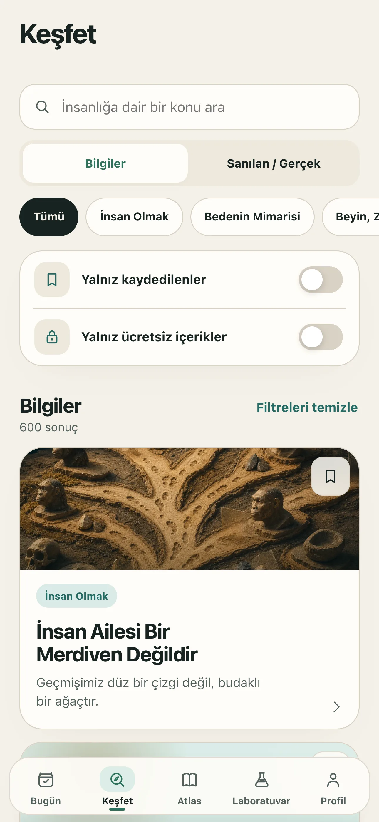 İnsanlık Atlası keşfet ekranında bilgi kartları ve içerik kategorileri