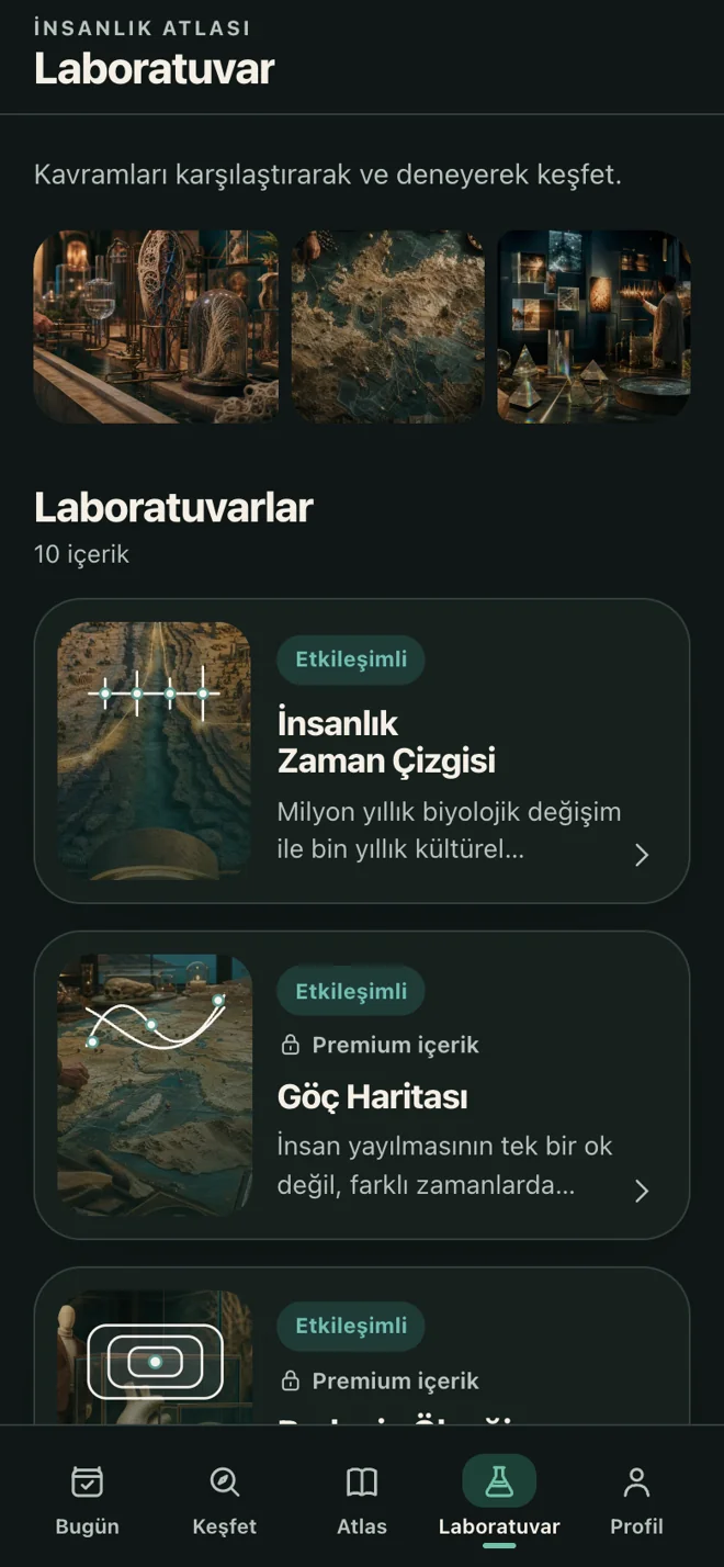 Interactive labs — actual Turkish app screen in dark mode