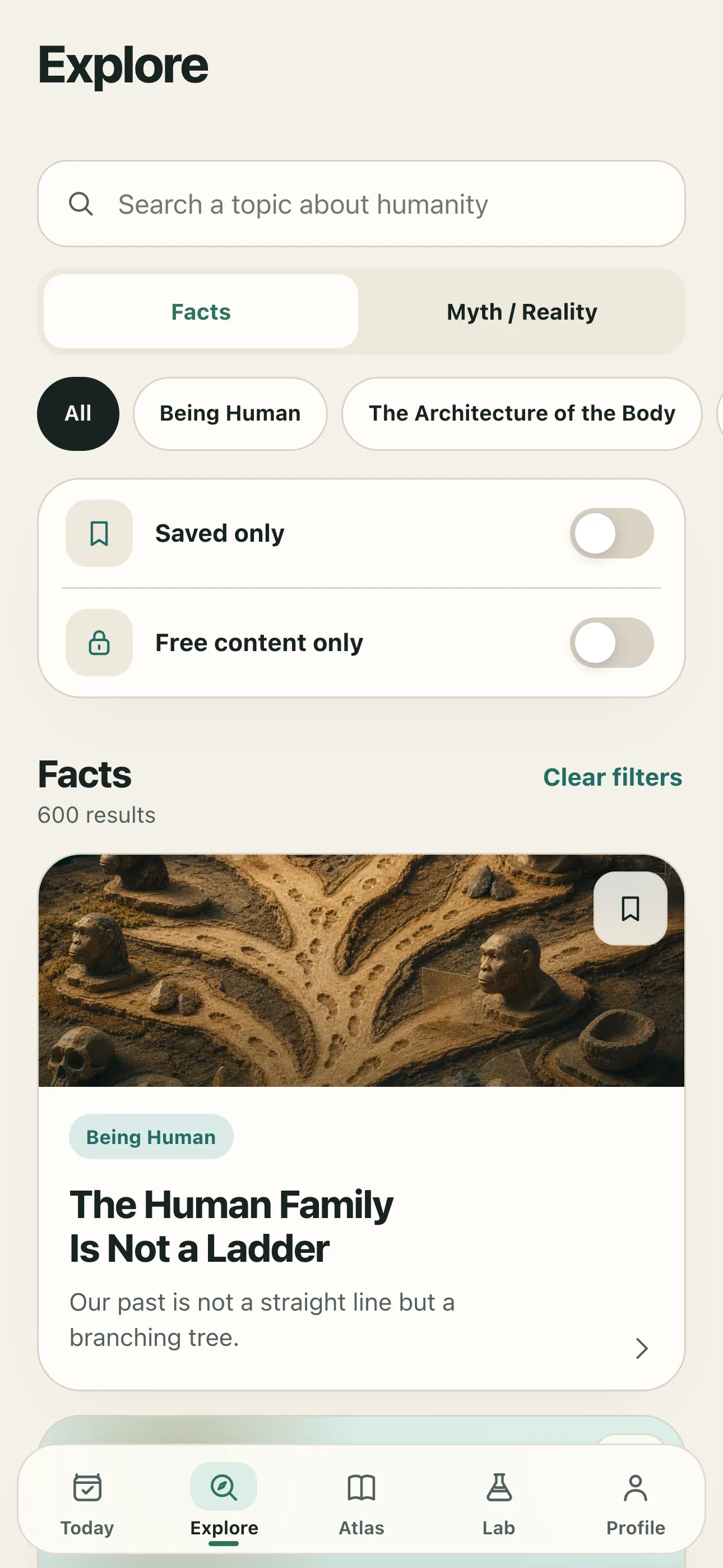 Human History Atlas Explore screen with fact cards and content categories