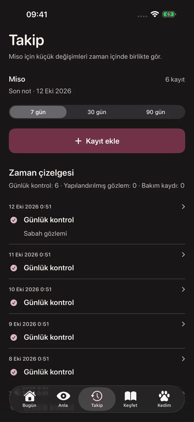 Track your daily observations — actual Turkish app screen in dark mode
