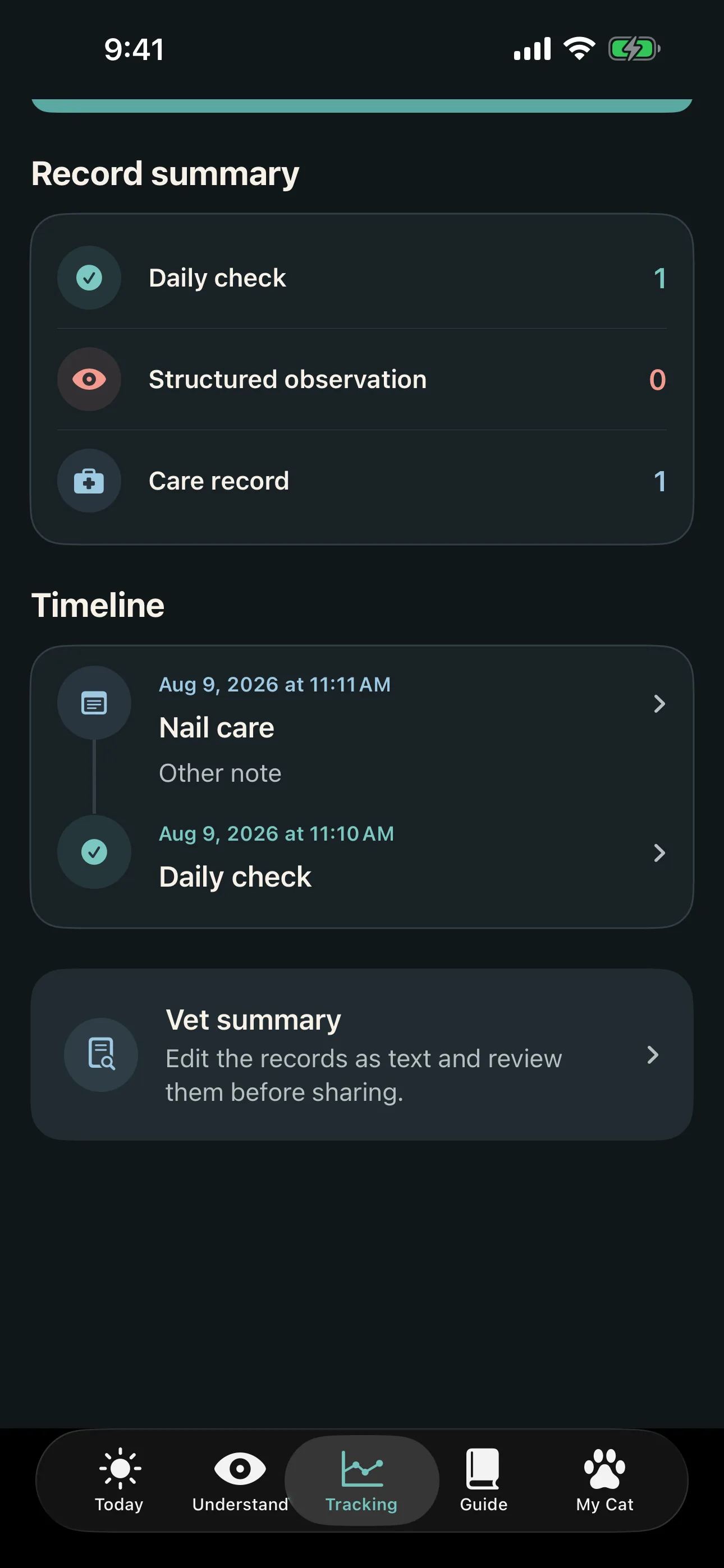 Kedini Anla Tracking screen with a weekly observation timeline