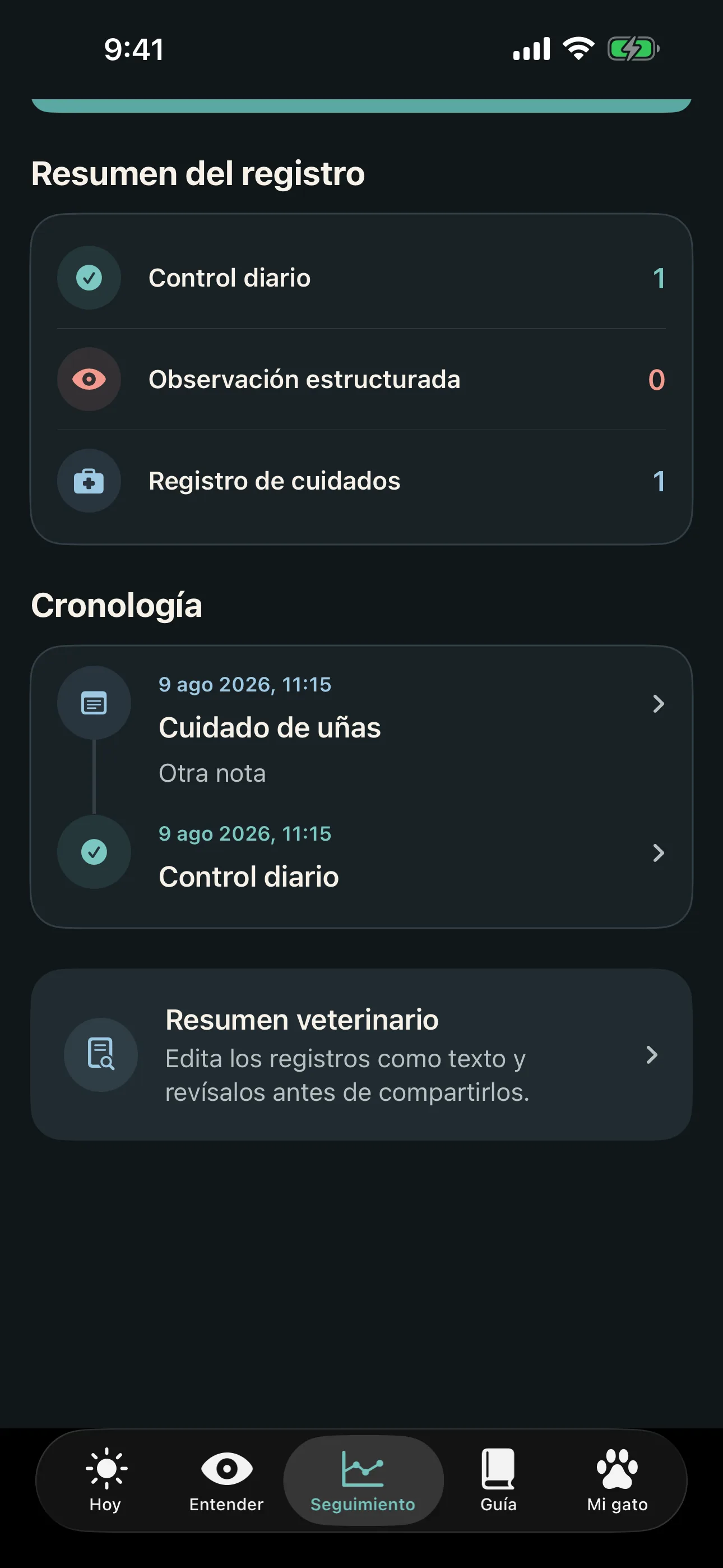 Pantalla Seguimiento de Kedini Anla con cronología semanal