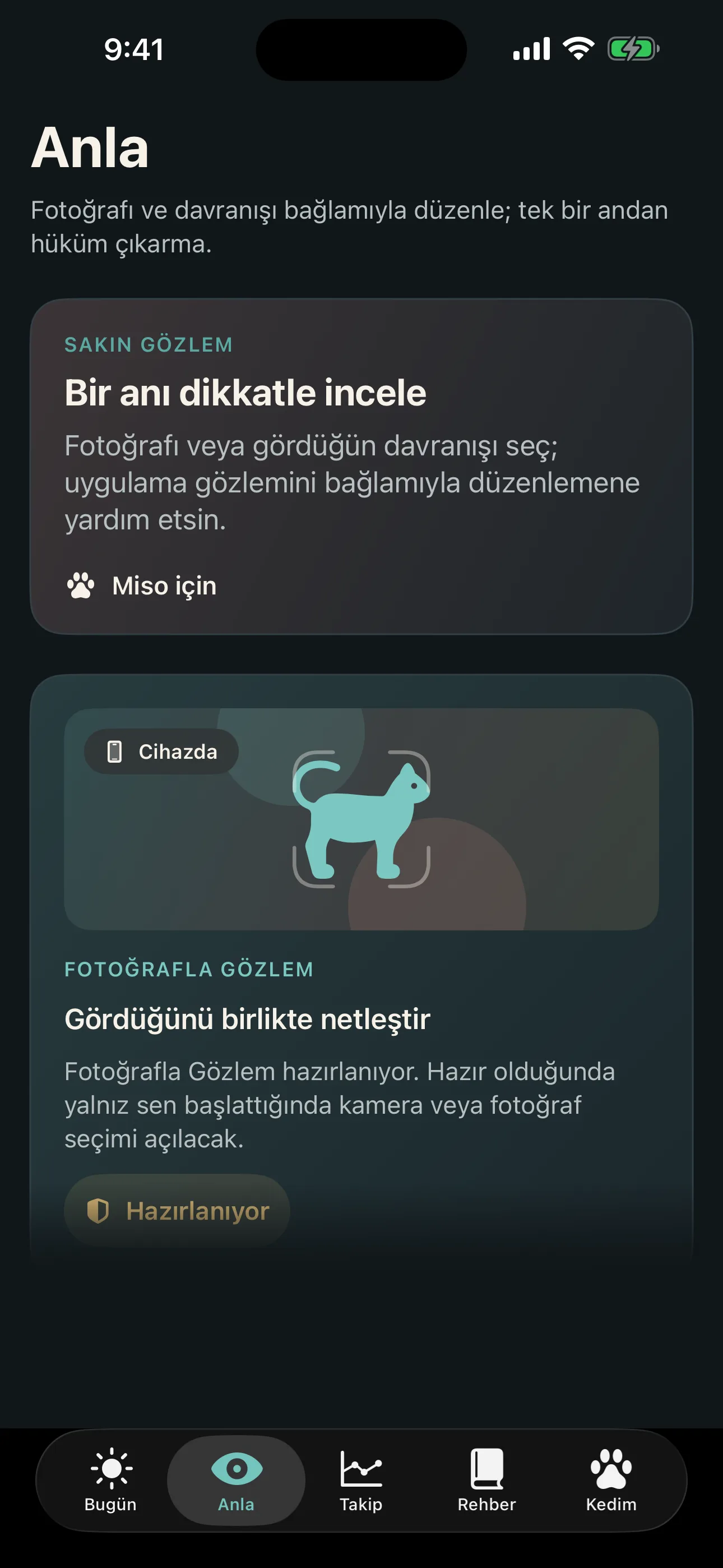 Kedini Anla anla ekranında cihaz içi fotoğrafla gözlem akışı