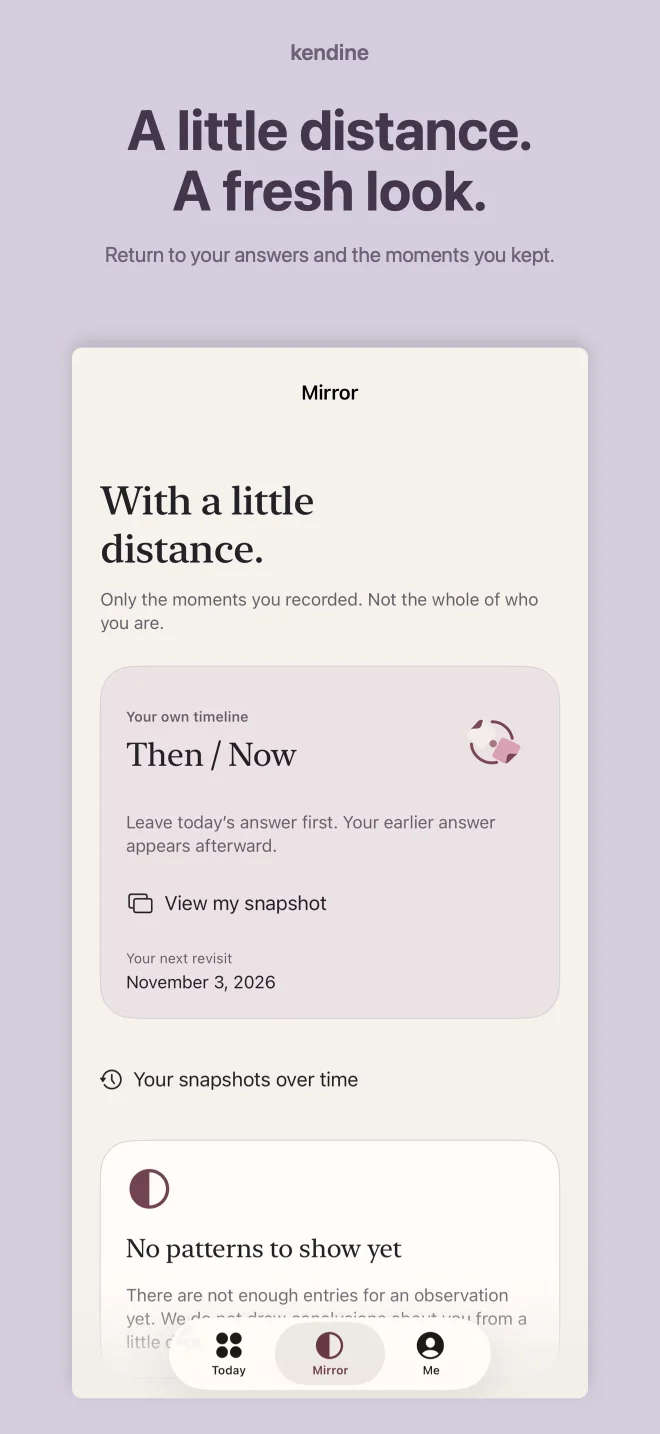 Kendine: A little distance. A fresh look. Return to your answers and the moments you kept.
