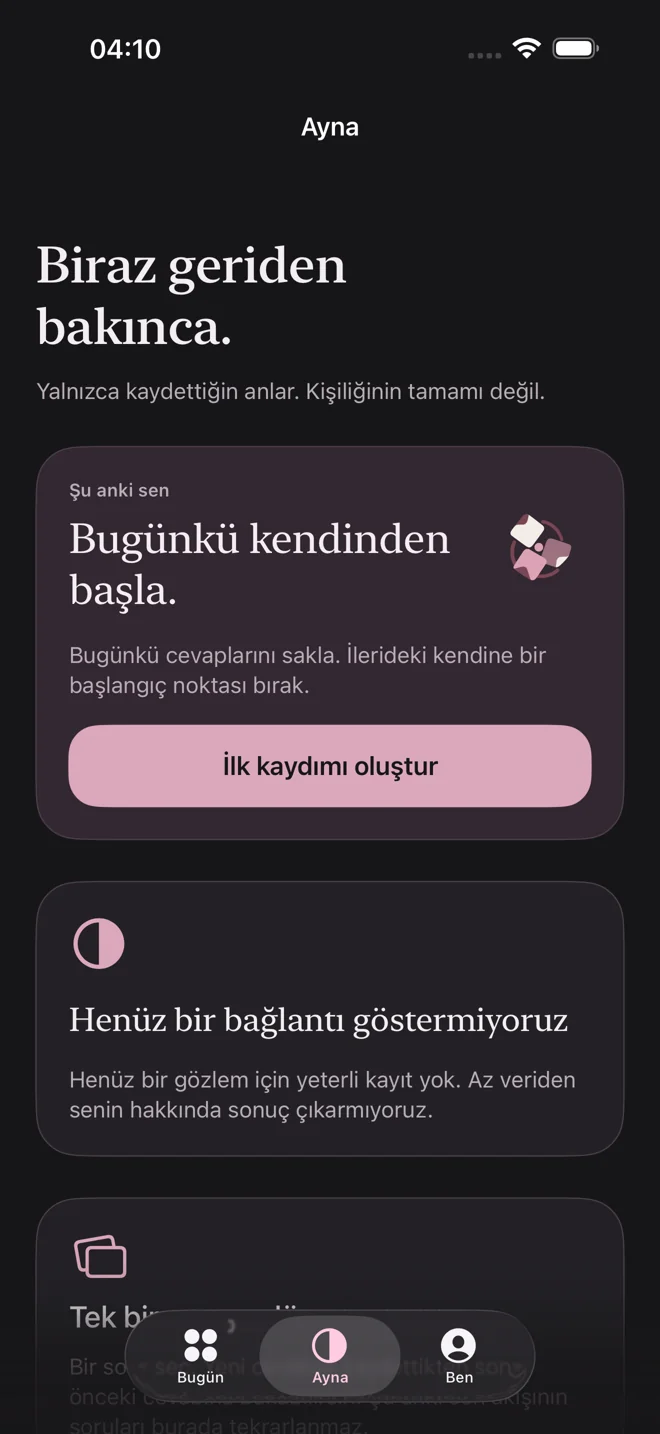 Mirror: revisit your moments — actual Turkish app screen in dark mode