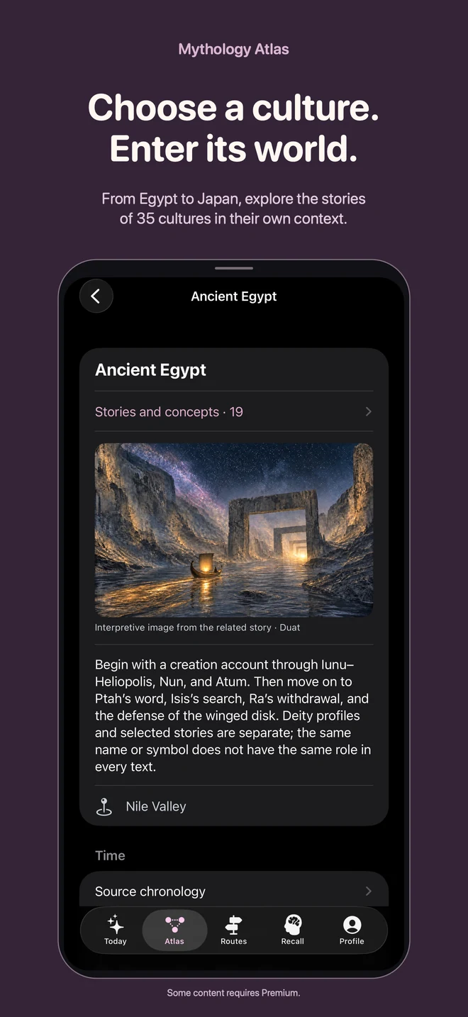 Mythology Atlas: Choose a culture. Enter its world. From Egypt to Japan, explore the stories of 35 cultures in their own context.