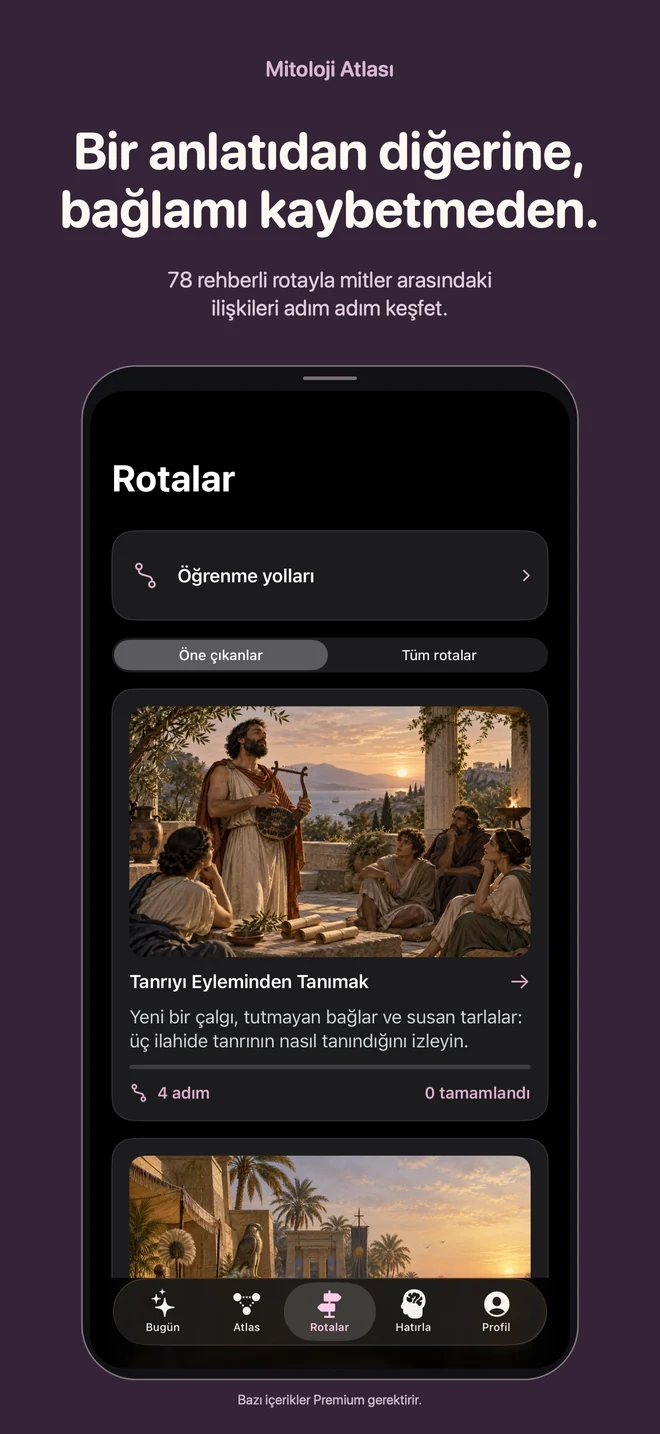 Mitoloji Atlası: Bir anlatıdan diğerine, bağlamı kaybetmeden. 78 rehberli rotayla mitler arasındaki ilişkileri adım adım keşfet.