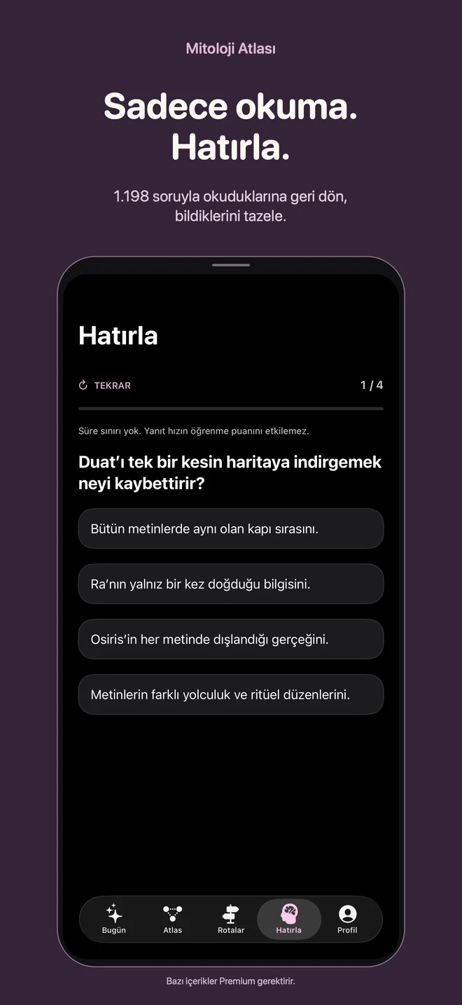 Mitoloji Atlası: Sadece okuma. Hatırla. 1.198 soruyla okuduklarına geri dön, bildiklerini tazele.