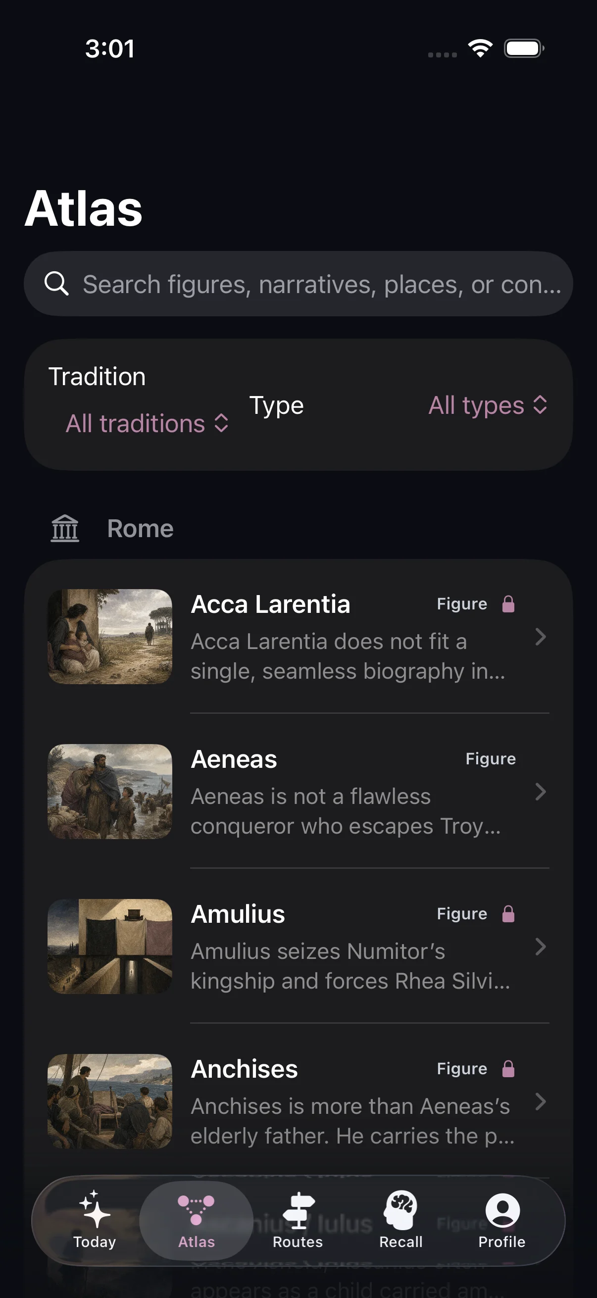 Mythology Atlas screen with cultures and themes