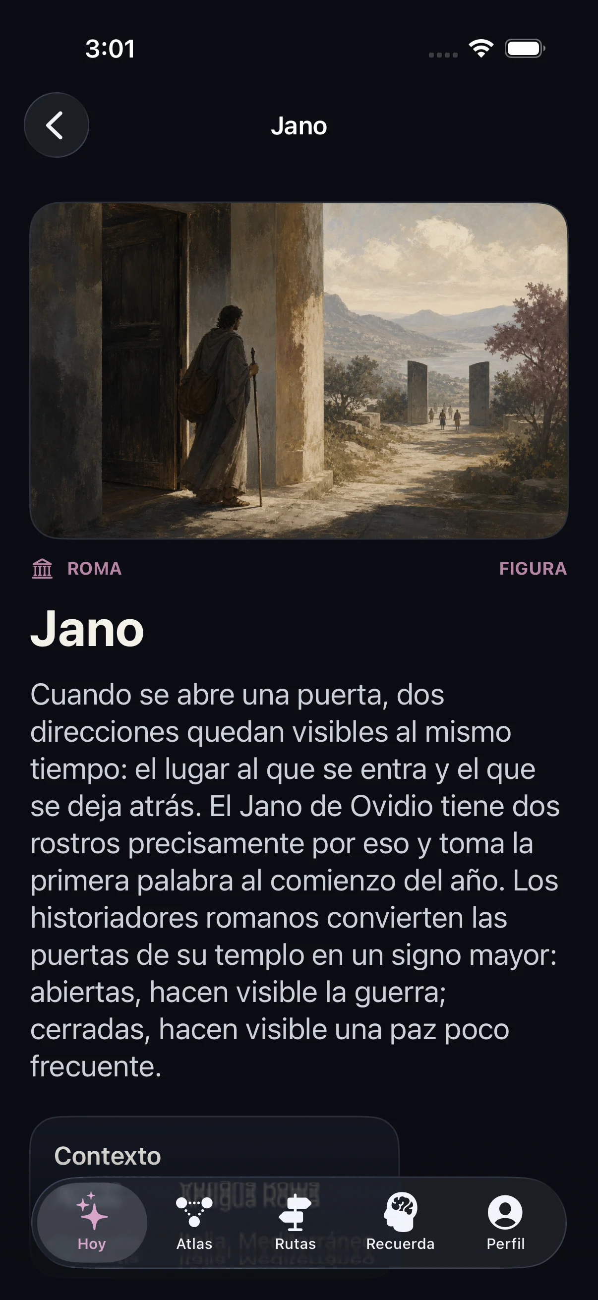 Detalle de relato de Atlas de Mitología con narración documentada y secciones de contexto