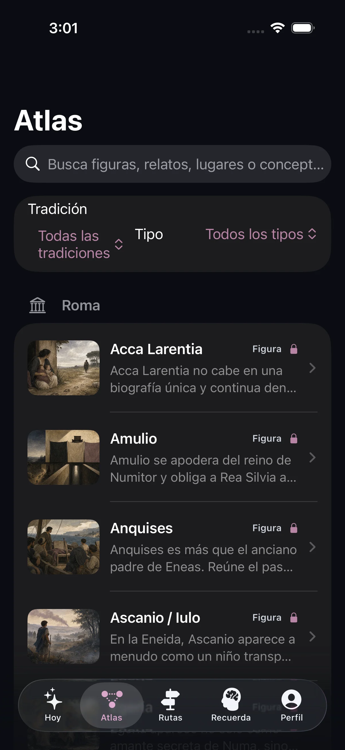 Pantalla Atlas de Mitología con culturas y temas