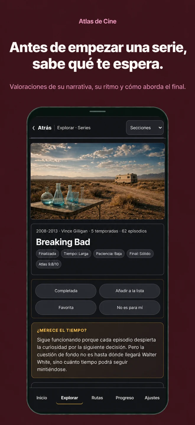 Atlas de Cine: Antes de empezar una serie, sabe qué te espera. Valoraciones de su narrativa, su ritmo y cómo aborda el final.