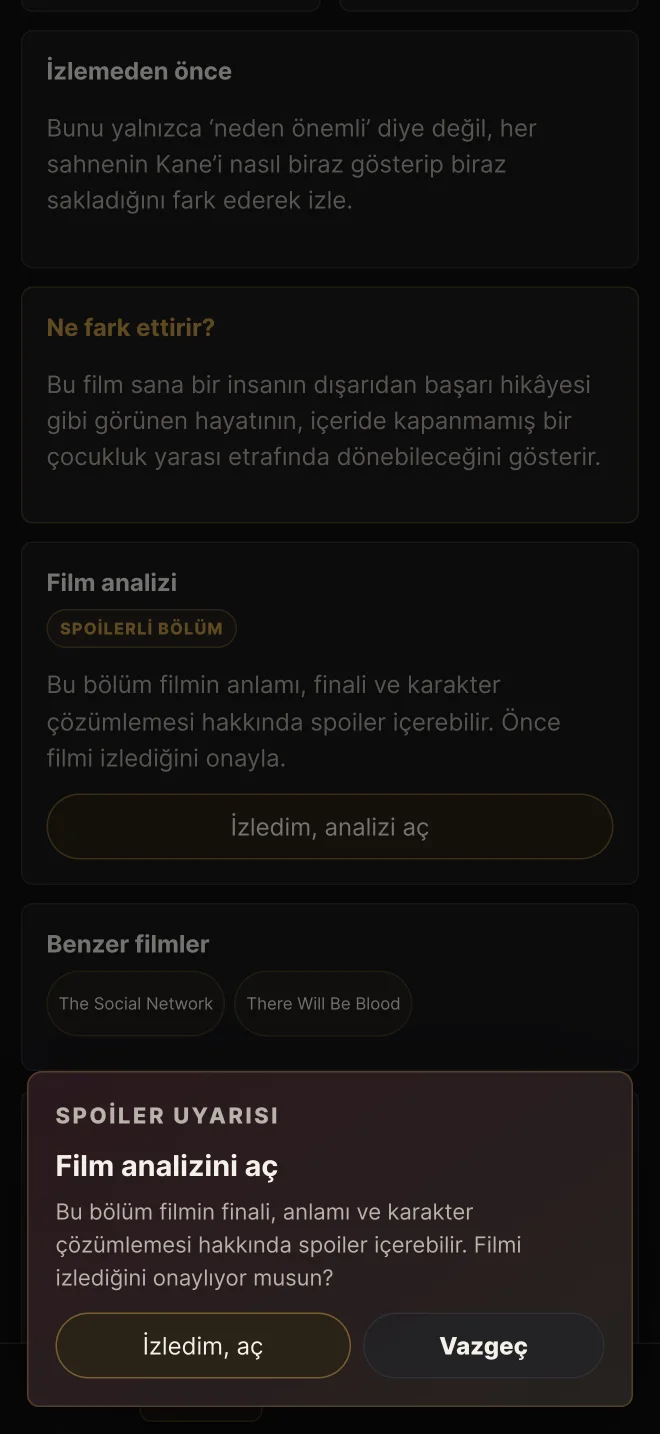 Sinema Atlası film detayında spoiler uyarısı ve analiz onayı