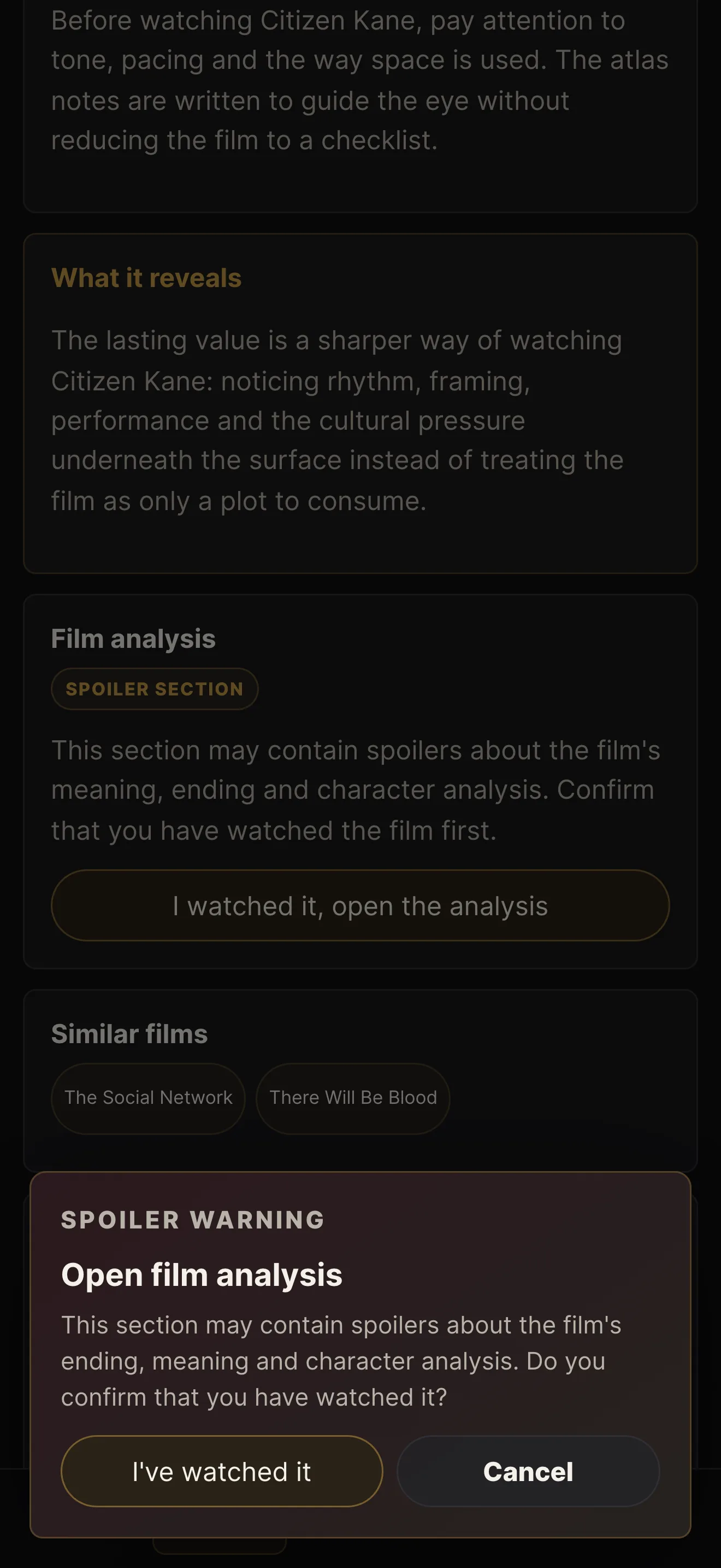 Sinema Atlası film detail with a spoiler warning and analysis confirmation