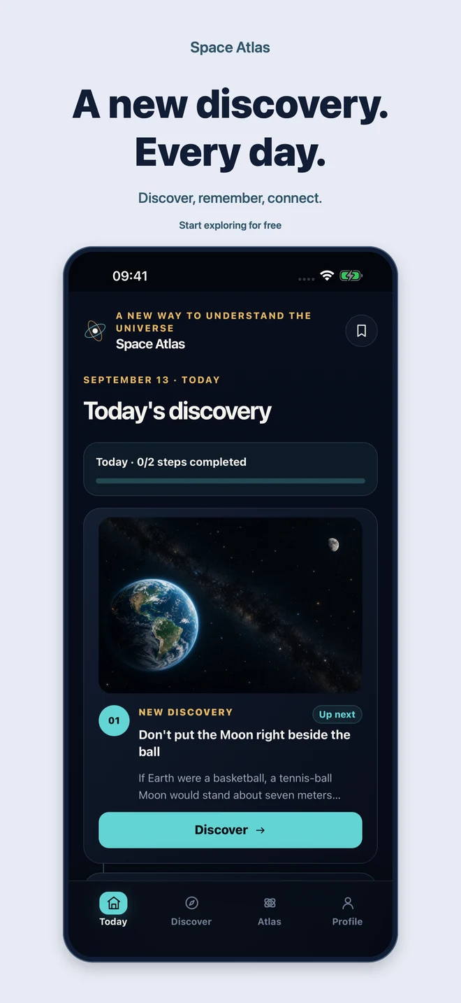 Space Atlas: A new discovery. Every day. Discover, remember, connect. Start exploring for free