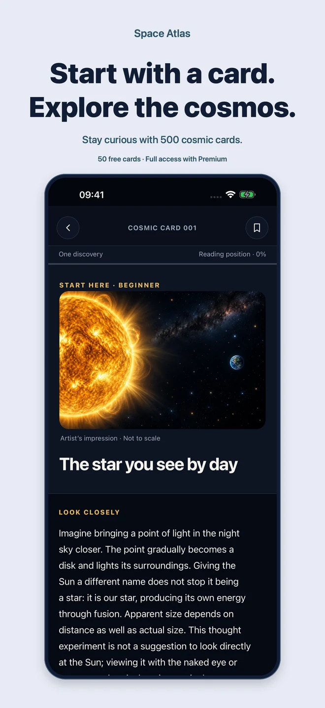Space Atlas: Start with a card. Explore the cosmos. Stay curious with 500 cosmic cards. 50 free cards · Full access with Premium