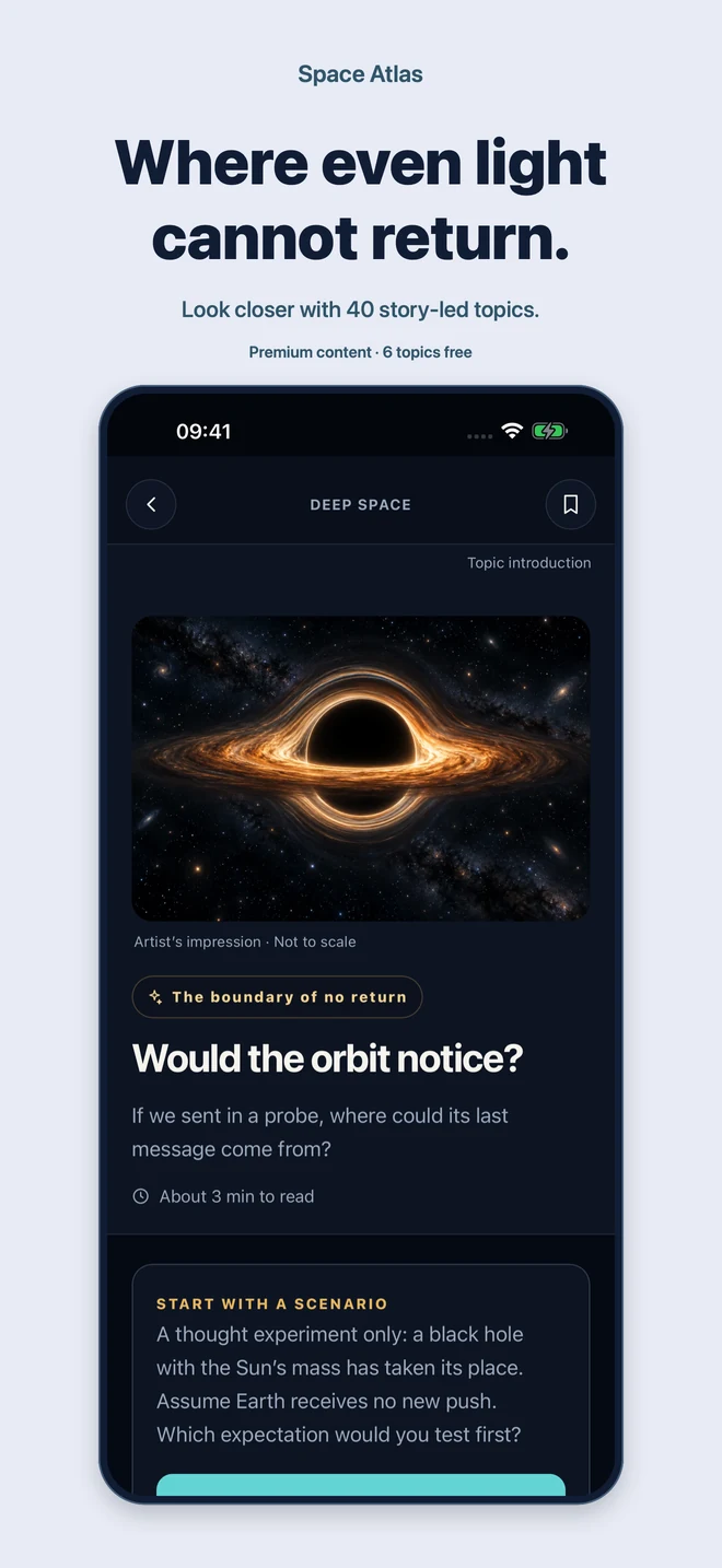 Space Atlas: Where even light cannot return. Look closer with 40 story-led topics. Premium content · 6 topics free