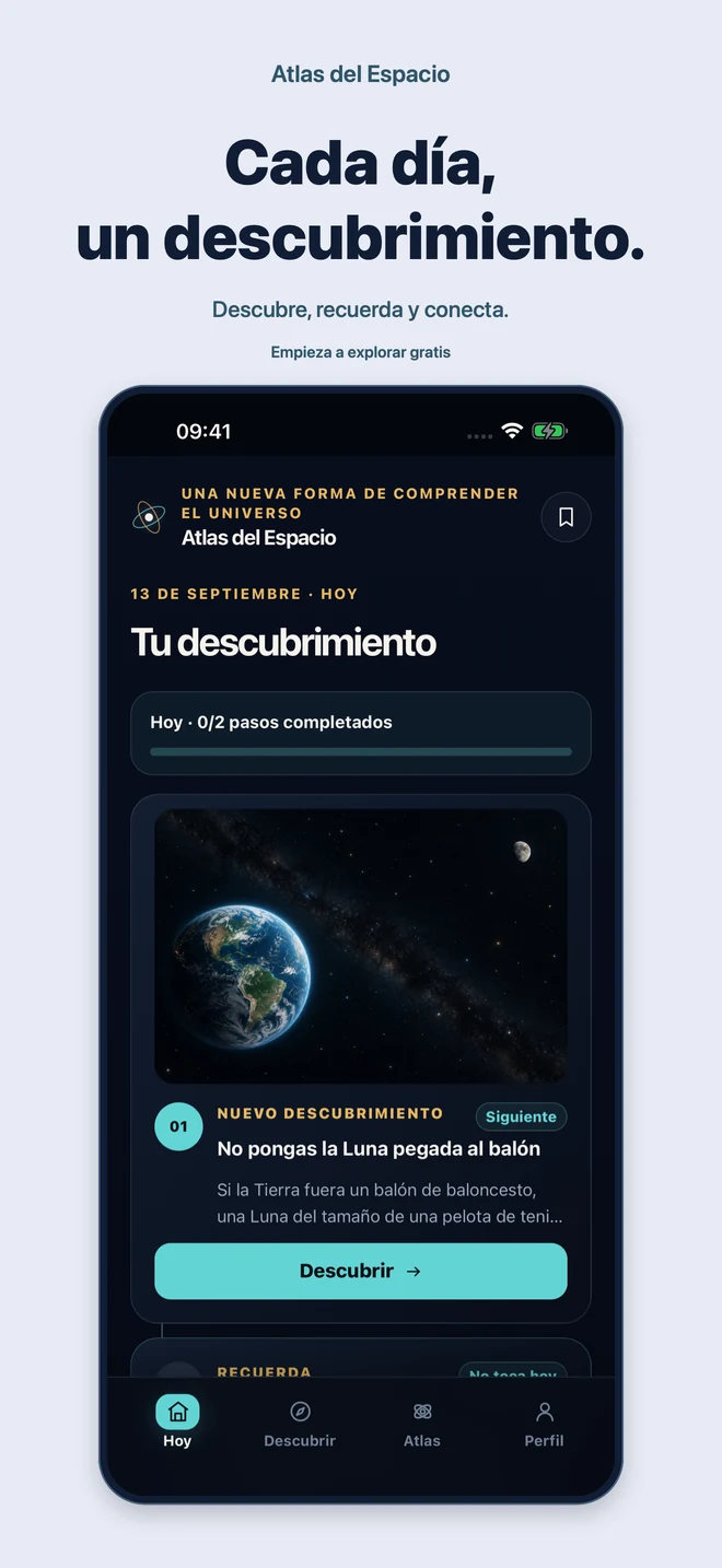 Atlas del Espacio: Cada día, un descubrimiento. Descubre, recuerda y conecta. Empieza a explorar gratis