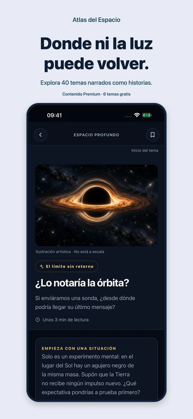 Atlas del Espacio: Donde ni la luz puede volver. Explora 40 temas narrados como historias. Contenido Premium · 6 temas gratis