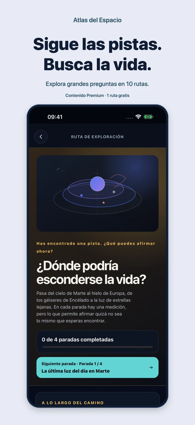 Atlas del Espacio: Sigue las pistas. Busca la vida. Explora grandes preguntas en 10 rutas. Contenido Premium · 1 ruta gratis