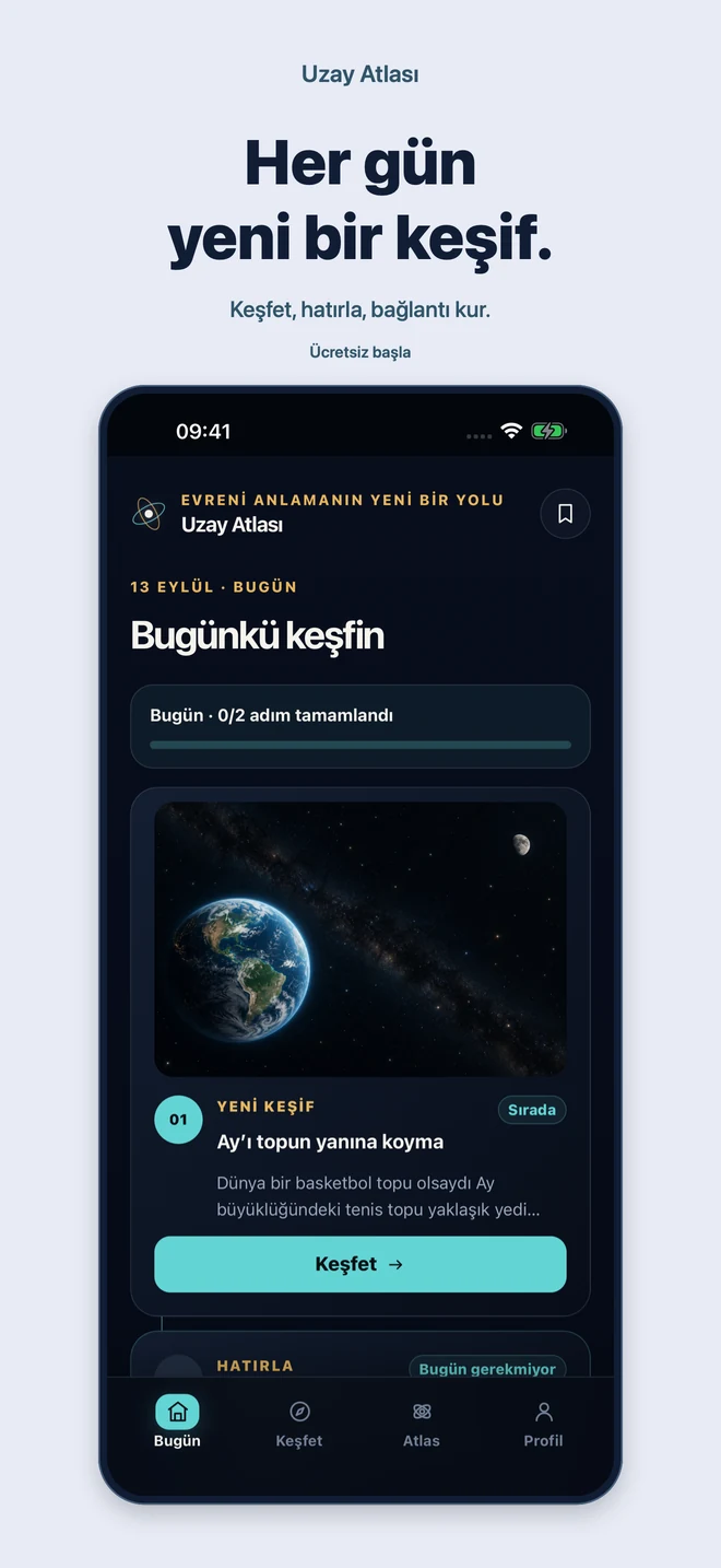 Uzay Atlası: Her gün yeni bir keşif. Keşfet, hatırla, bağlantı kur. Ücretsiz başla