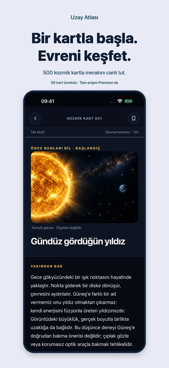 Uzay Atlası: Bir kartla başla. Evreni keşfet. 500 kozmik kartla merakını canlı tut. 50 kart ücretsiz · Tam erişim Premium ile