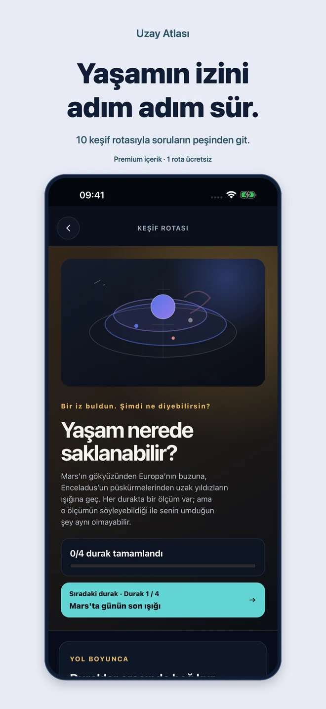 Uzay Atlası: Yaşamın izini adım adım sür. 10 keşif rotasıyla soruların peşinden git. Premium içerik · 1 rota ücretsiz