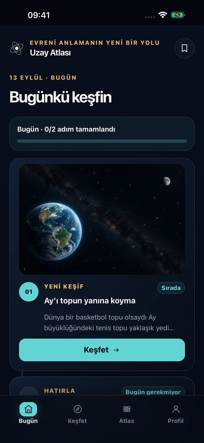 Uzay Atlası Bugün ekranında günlük keşif, hatırlama ve bağlantı kurma adımları