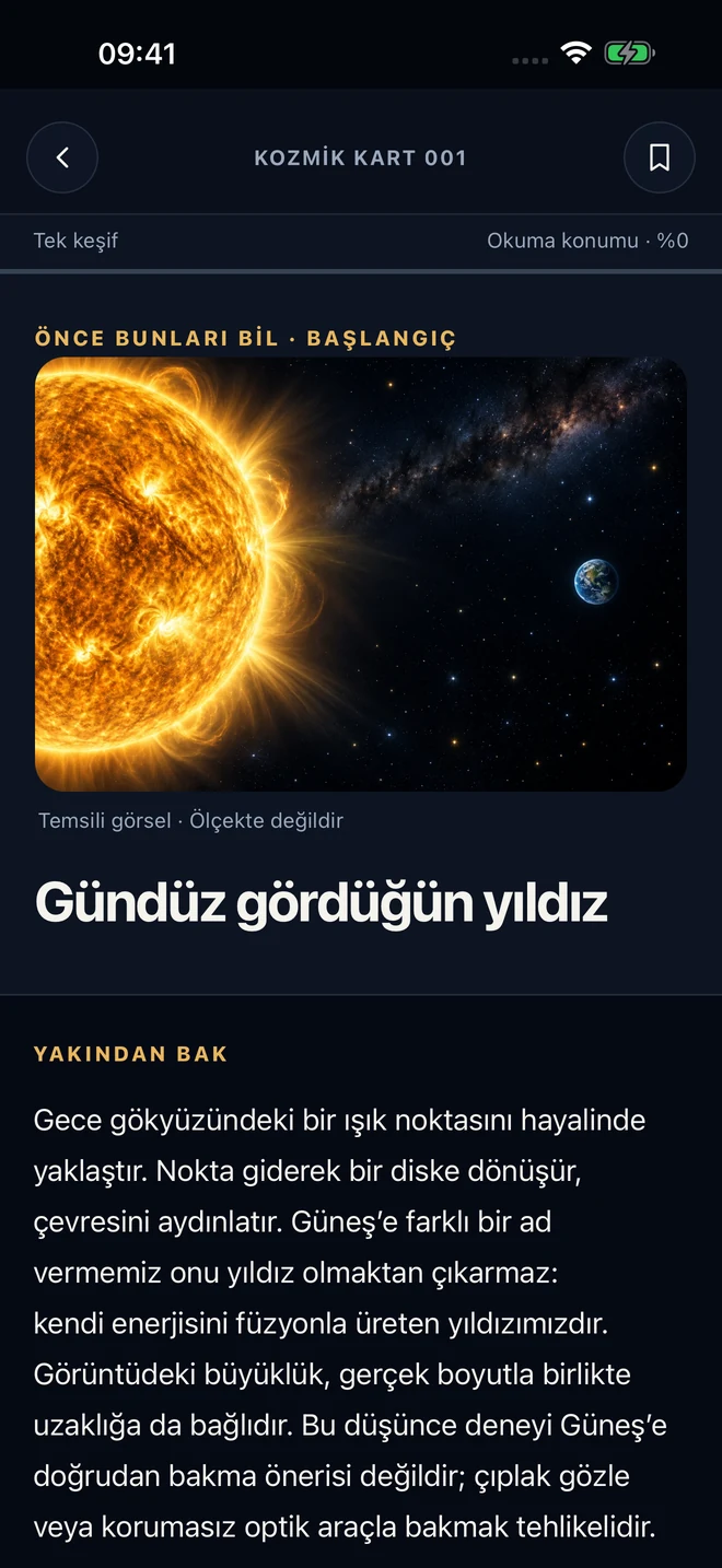 Uzay Atlası Keşfet ekranında görselli kozmik bilgi kartları
