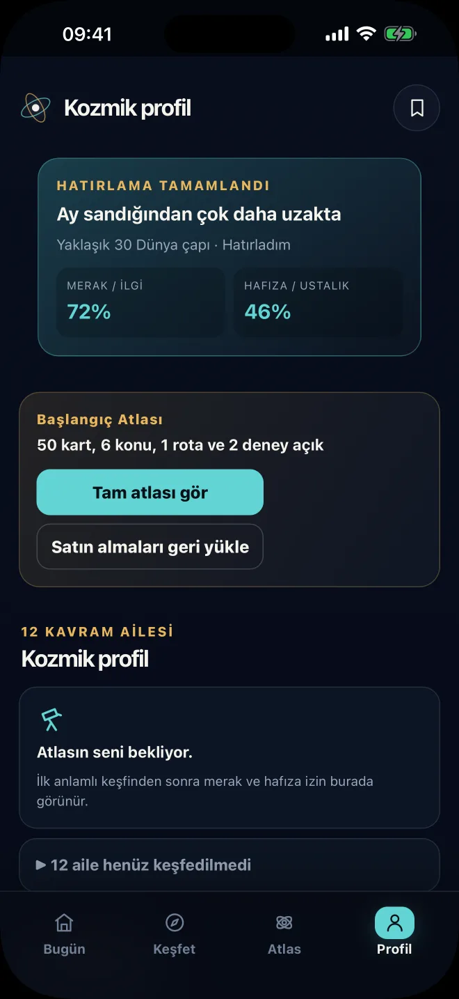 Uzay Atlası profil ekranında merak ve hatırlama kanıtları