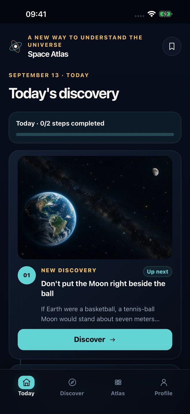Space Atlas Today screen with daily discovery, recall and connection steps