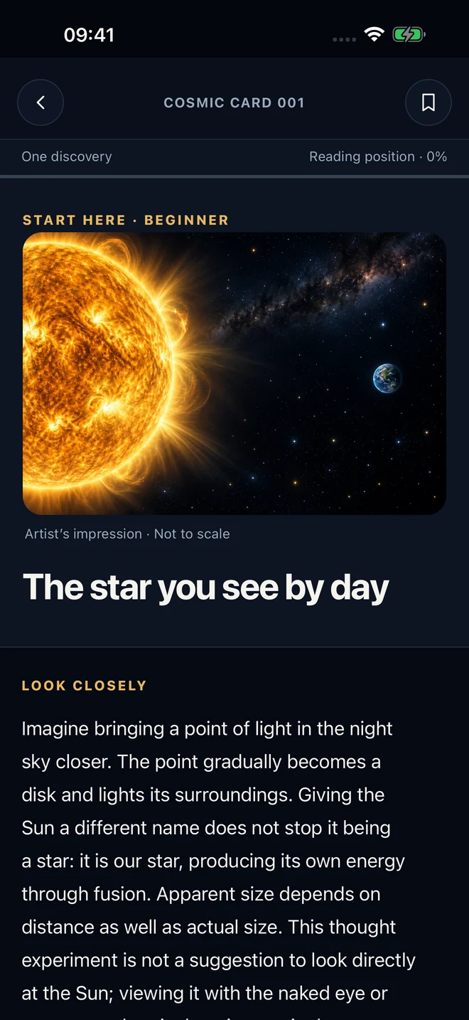 Space Atlas Explore screen with illustrated cosmic fact cards
