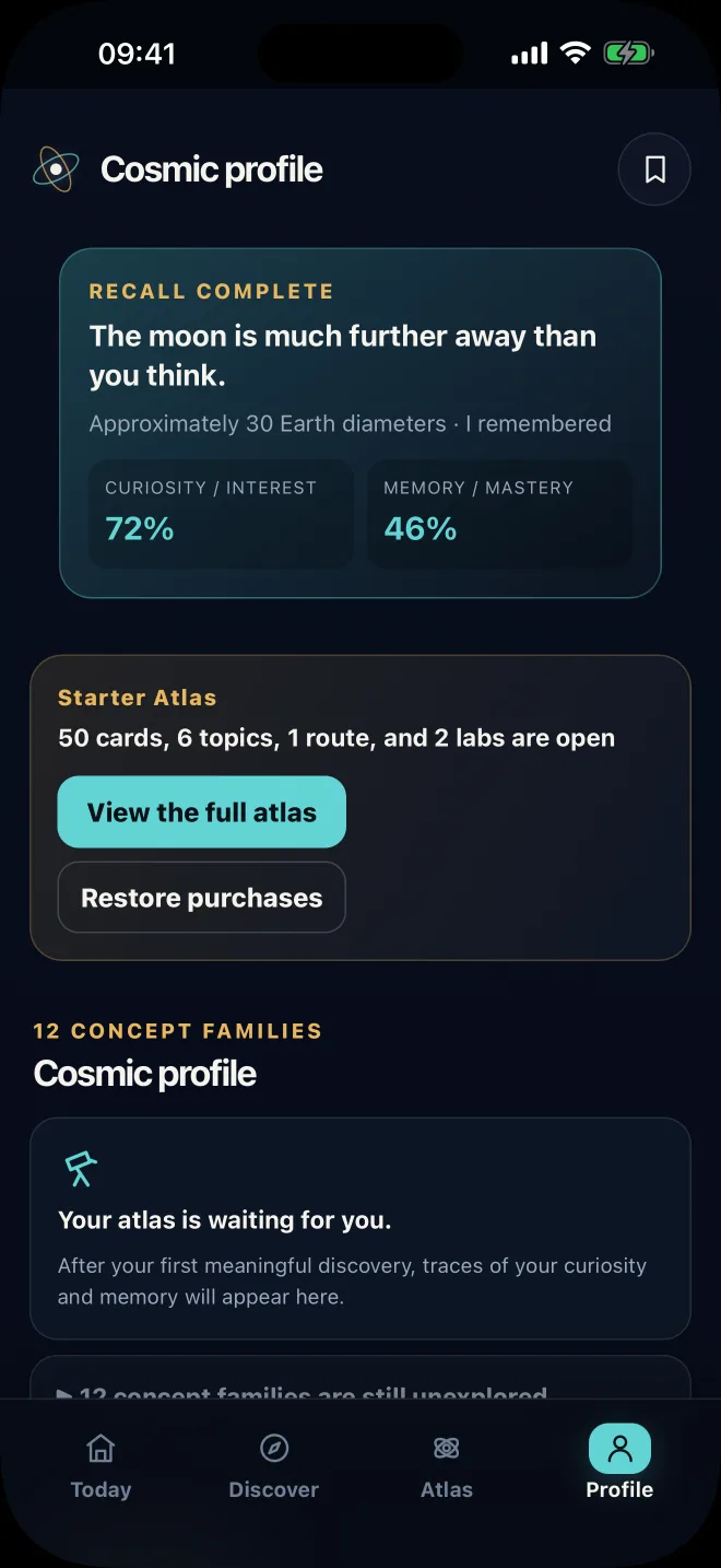 Space Atlas profile screen with curiosity and recall evidence