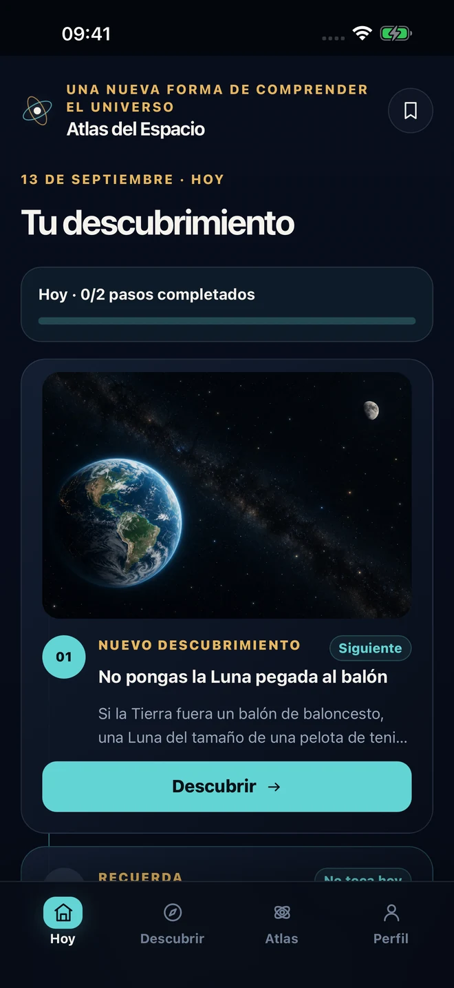 Pantalla Hoy de Atlas del Espacio con pasos de descubrimiento, repaso y conexión