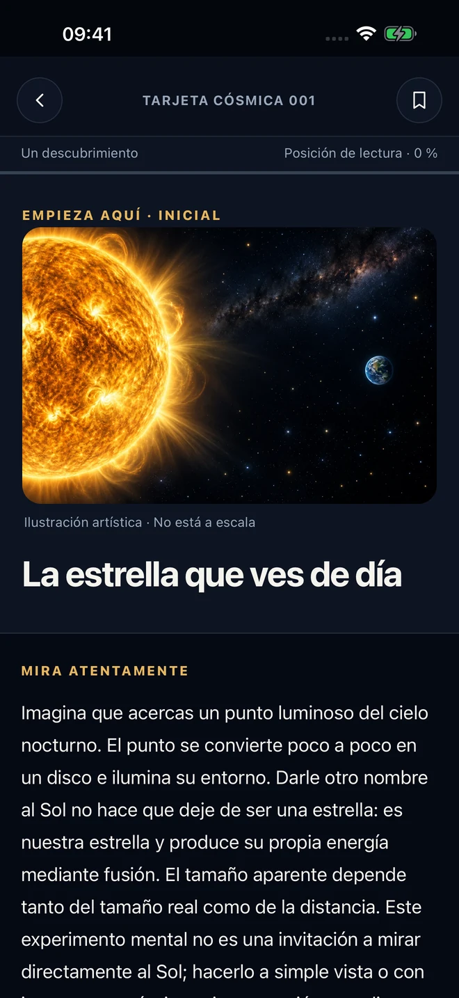 Pantalla Explorar de Atlas del Espacio con tarjetas cósmicas ilustradas